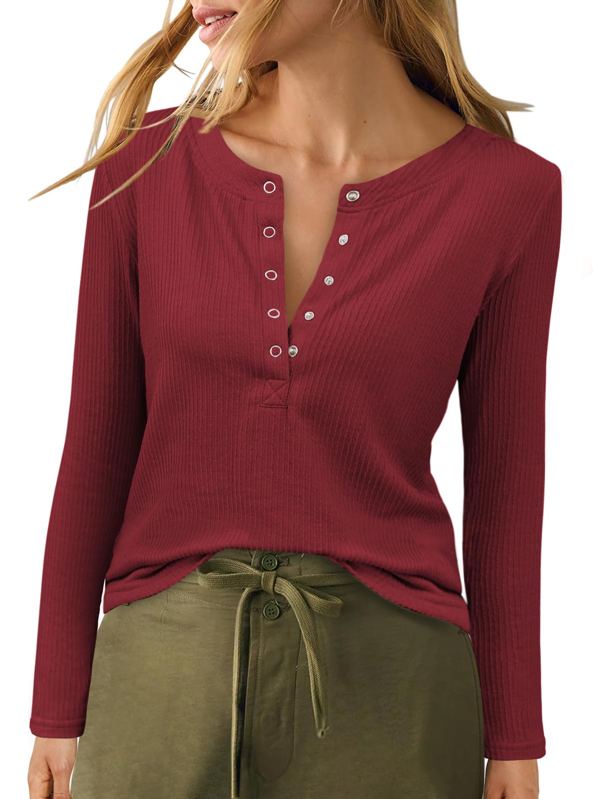 Women’s Long Sleeve Henley Top – Fitted Ribbed Casual Blouse