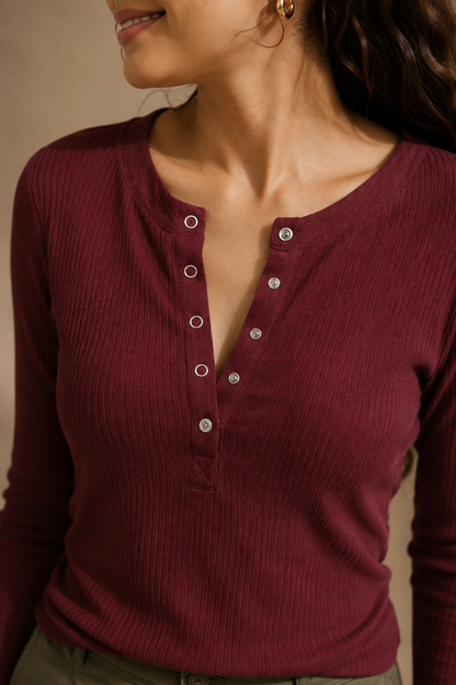 Women’s Long Sleeve Henley Top – Fitted Ribbed Casual Blouse